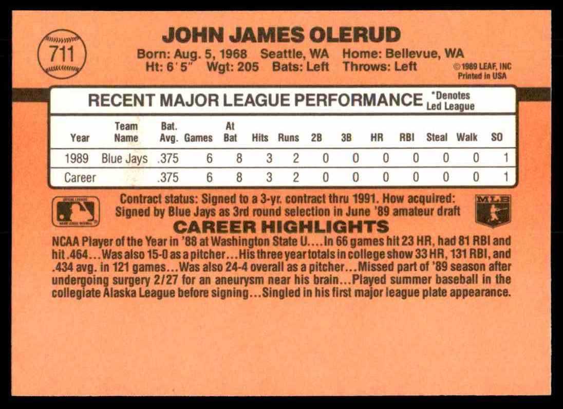 1990 Donruss John Olerud #711 card back image
