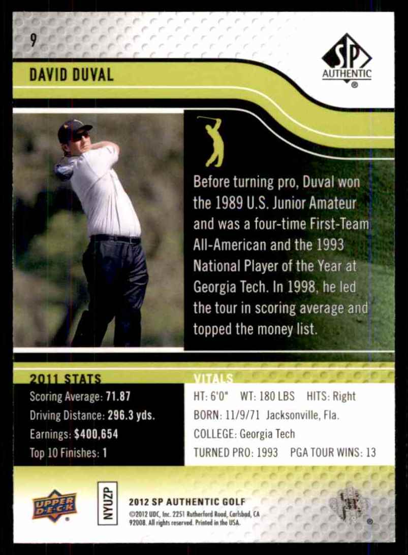 2012 SP Authentic David Duval #9 card back image