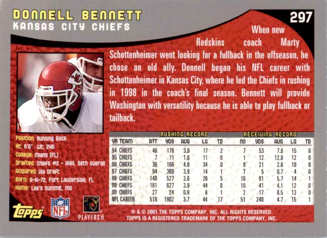 2001 Topps Donnell Bennett #297 card back image