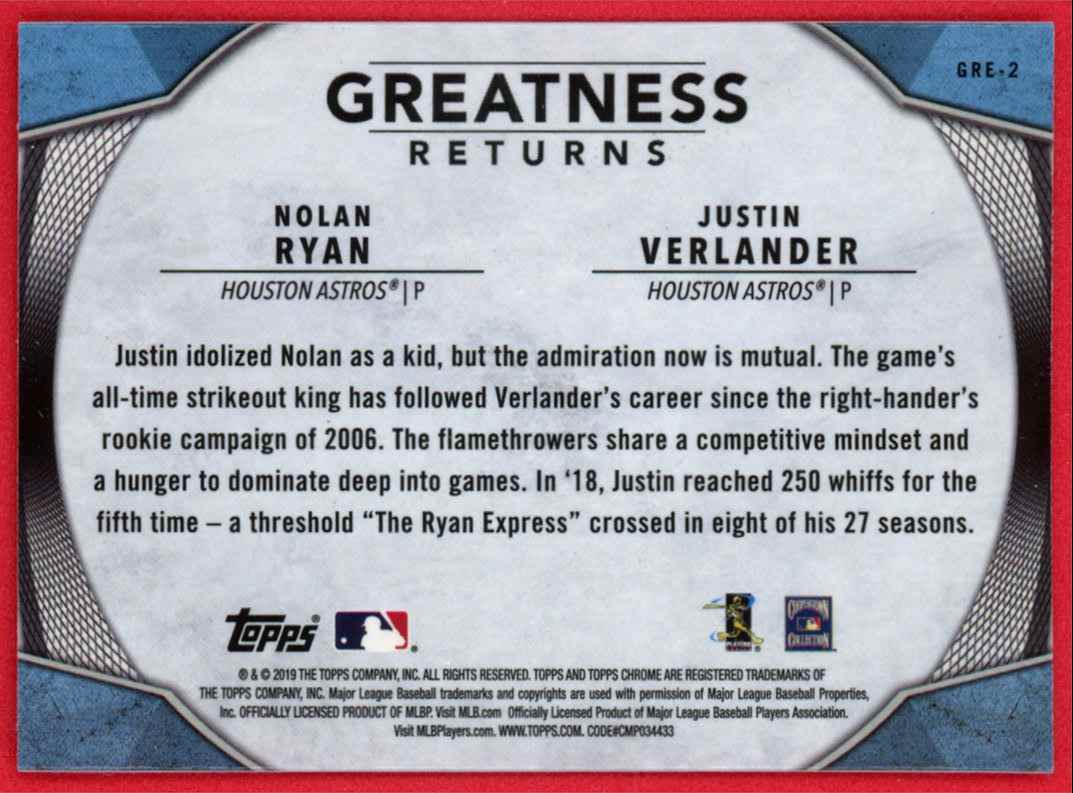 2019 Topps Chrome Greatness Returns Nolan Ryan/Justin Verlander #GRE-2 card back image