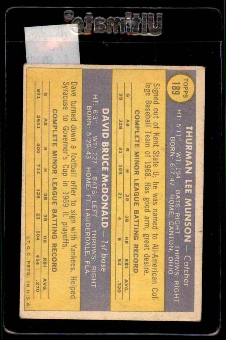 1970 Topps Thurman Munson Dave McDonald #189 card back image