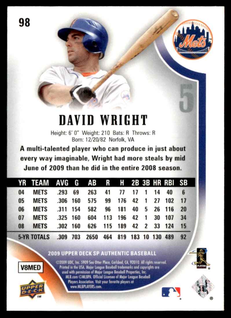 2009 SP Authentic David Wright #98 card back image