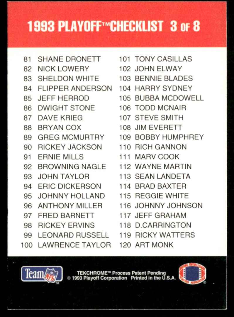 1993 Playoff Checklists Deion Sanders #3 card back image