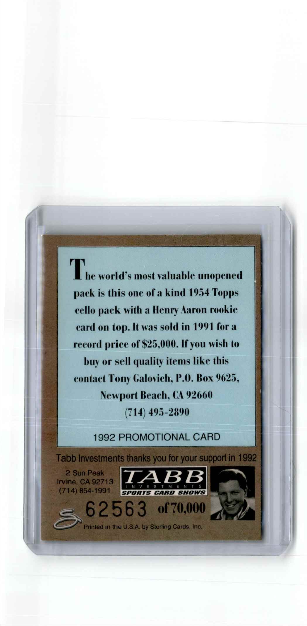 1992 TABB Promo 1954 Unopened Pack Hank Aaron card back image