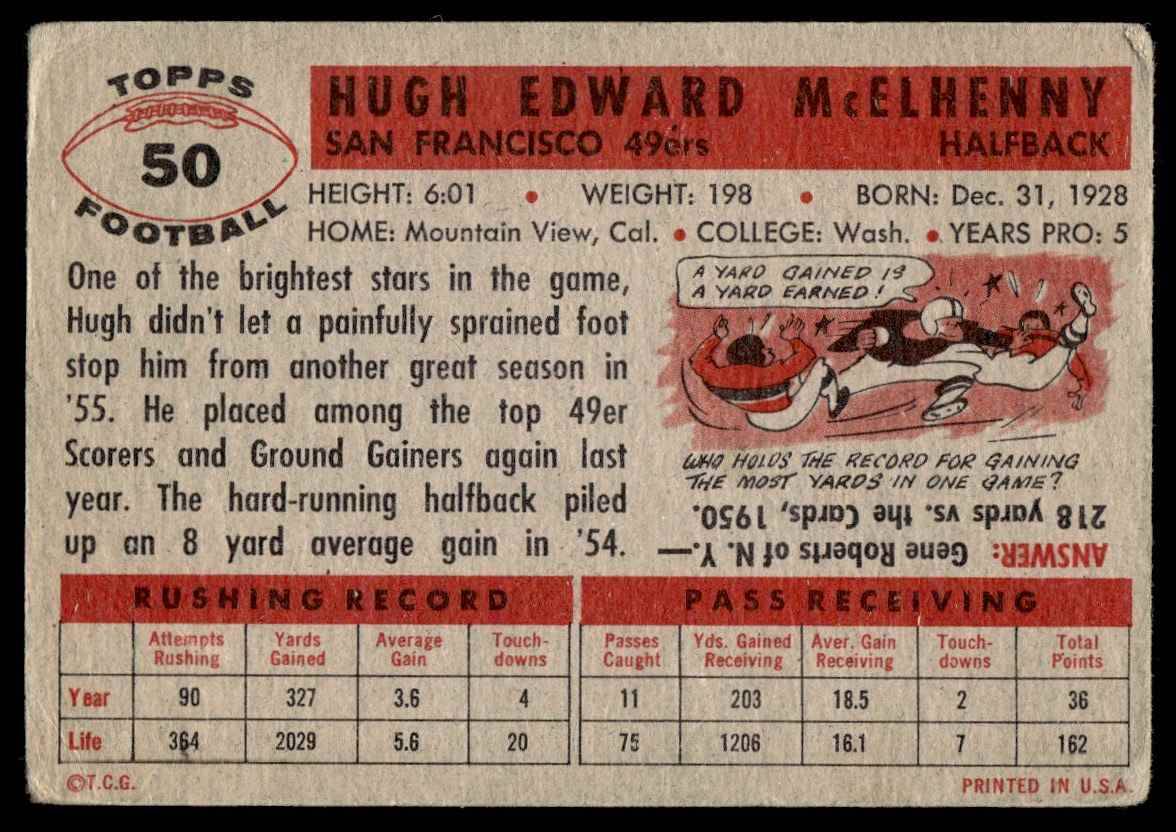 1956 Topps Hugh McElhenny #50 card back image