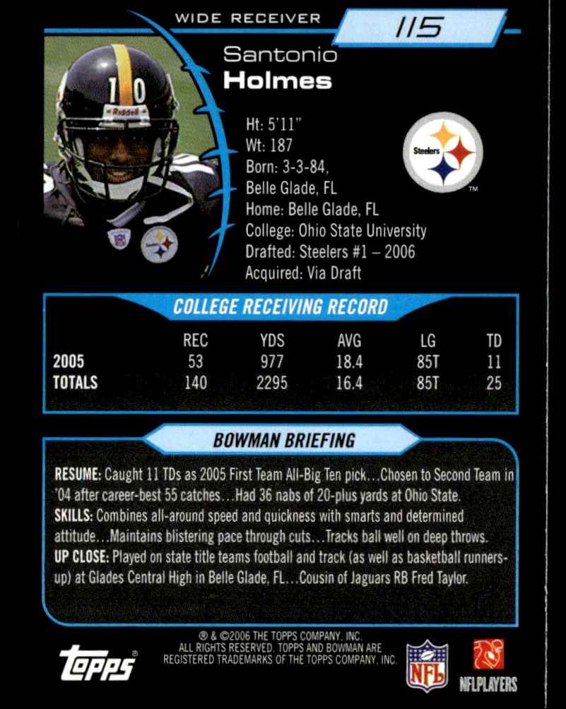 2006 Bowman Santonio Holmes #115 card back image