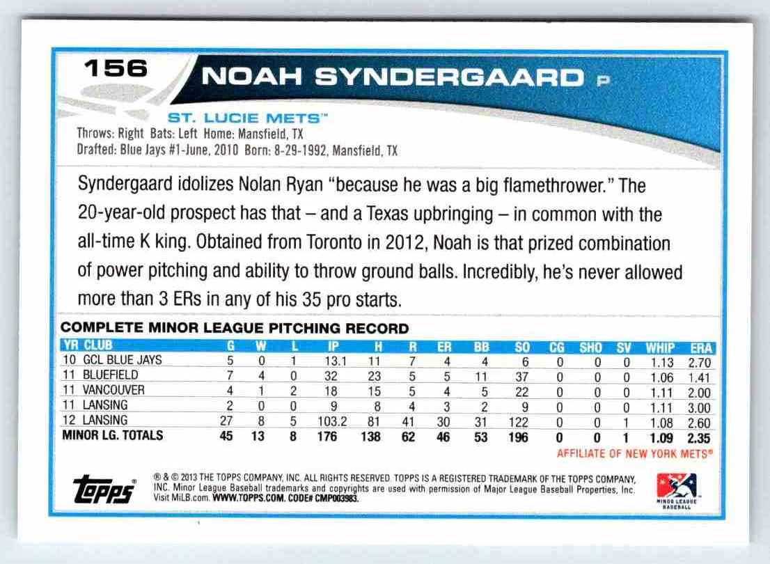 2013 Topps Pro Debut Noah Syndergaard #156 card back image