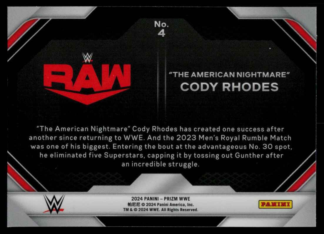 2024 Panini Prizm WWE Rumble Performances The American Nightmare Cody Rhodes #4 card back image