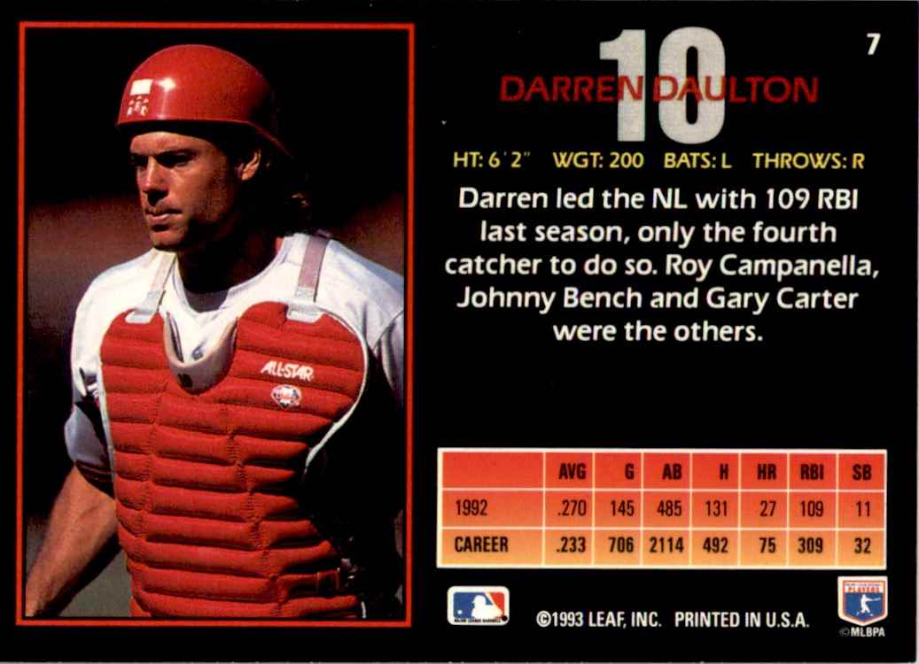 1993 Baseball Leaf Triple Play Darren Daulton #7 card back image