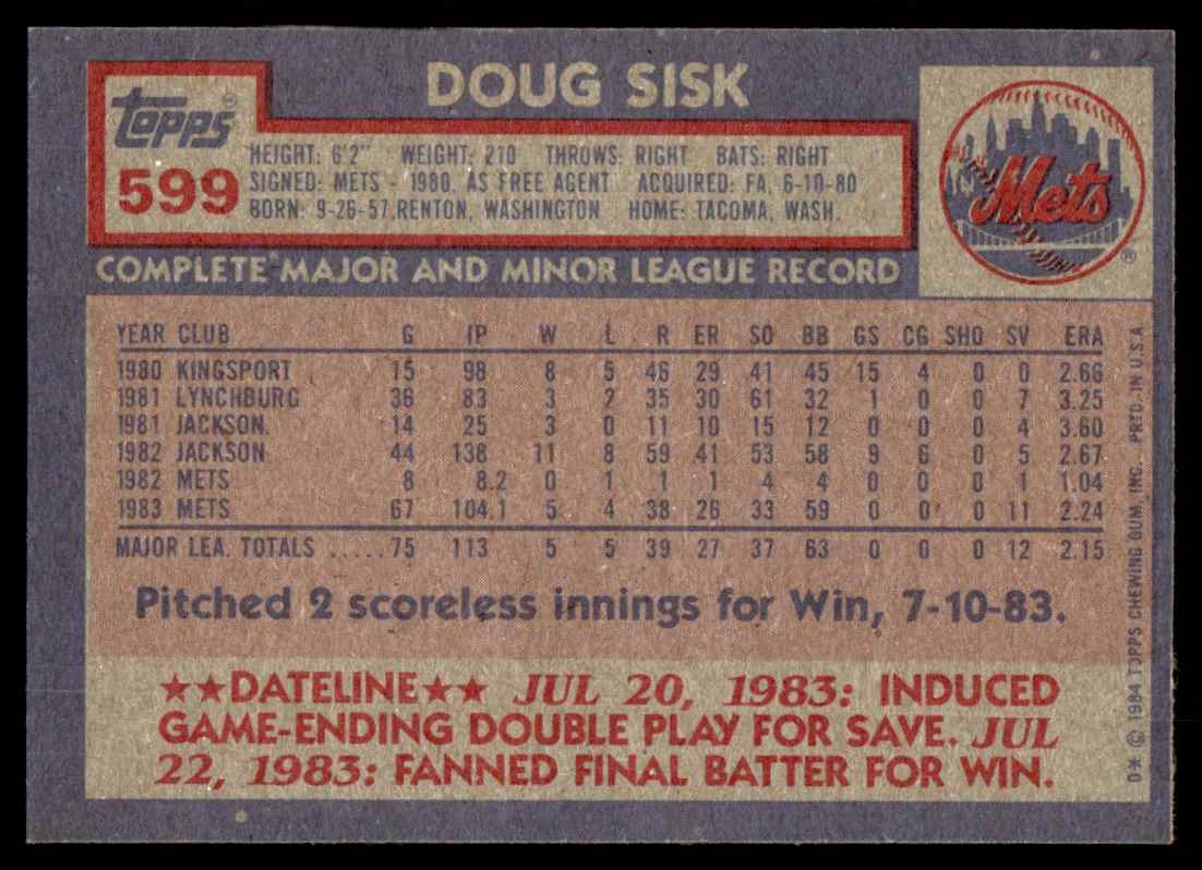 1984 Topps Doug Sisk #599 card back image