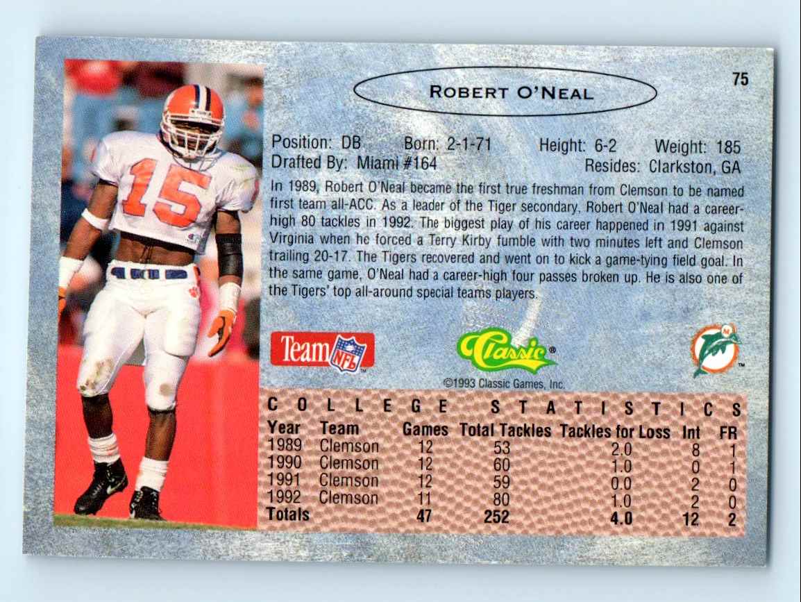 1993 Classic Draft Robert O'Neal #75 card back image