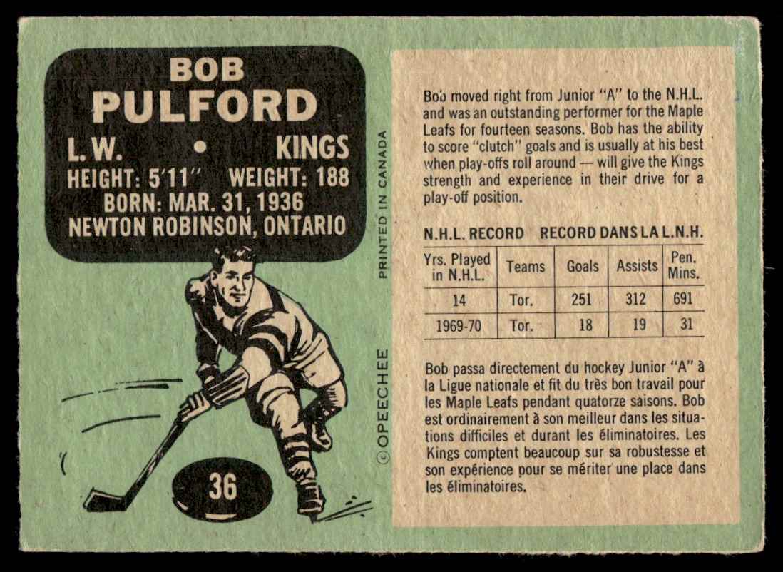 1970-71 O-Pee-Chee Bob Pulford** #36 card back image