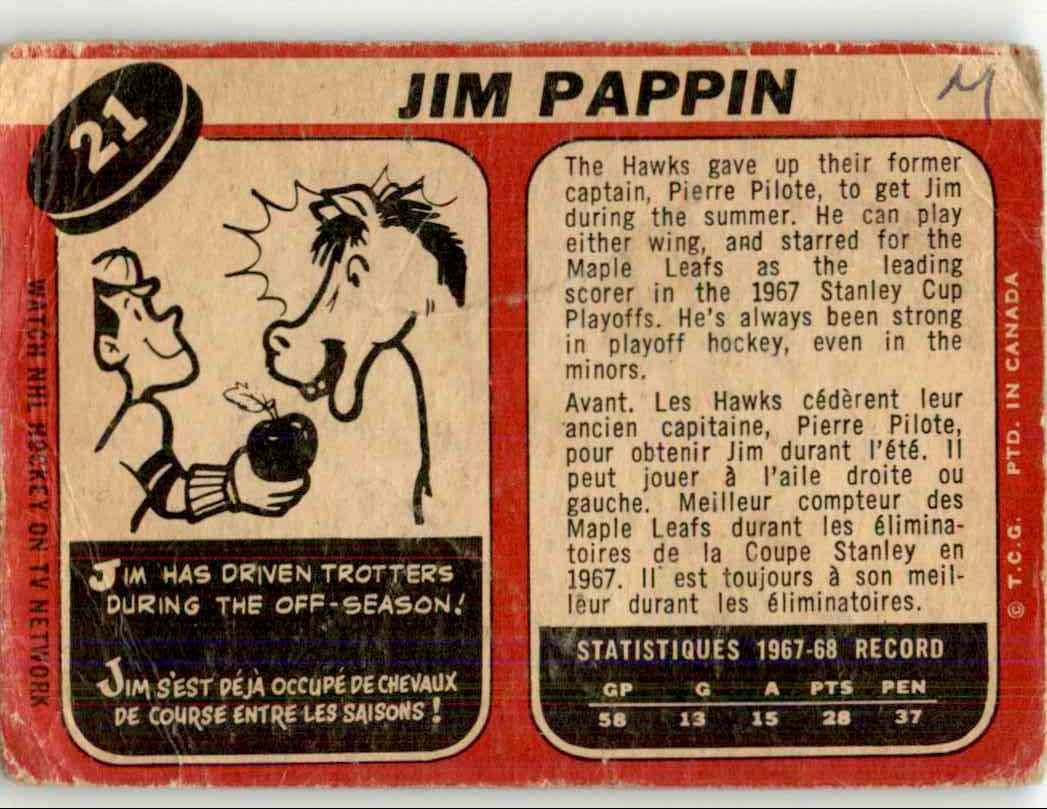 1968-69 O-Pee-Chee Jim Pappin #21 card back image
