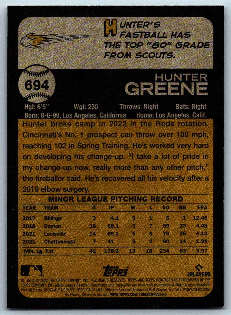 2022 Topps Heritage High Number Hunter Greene #694 card back image