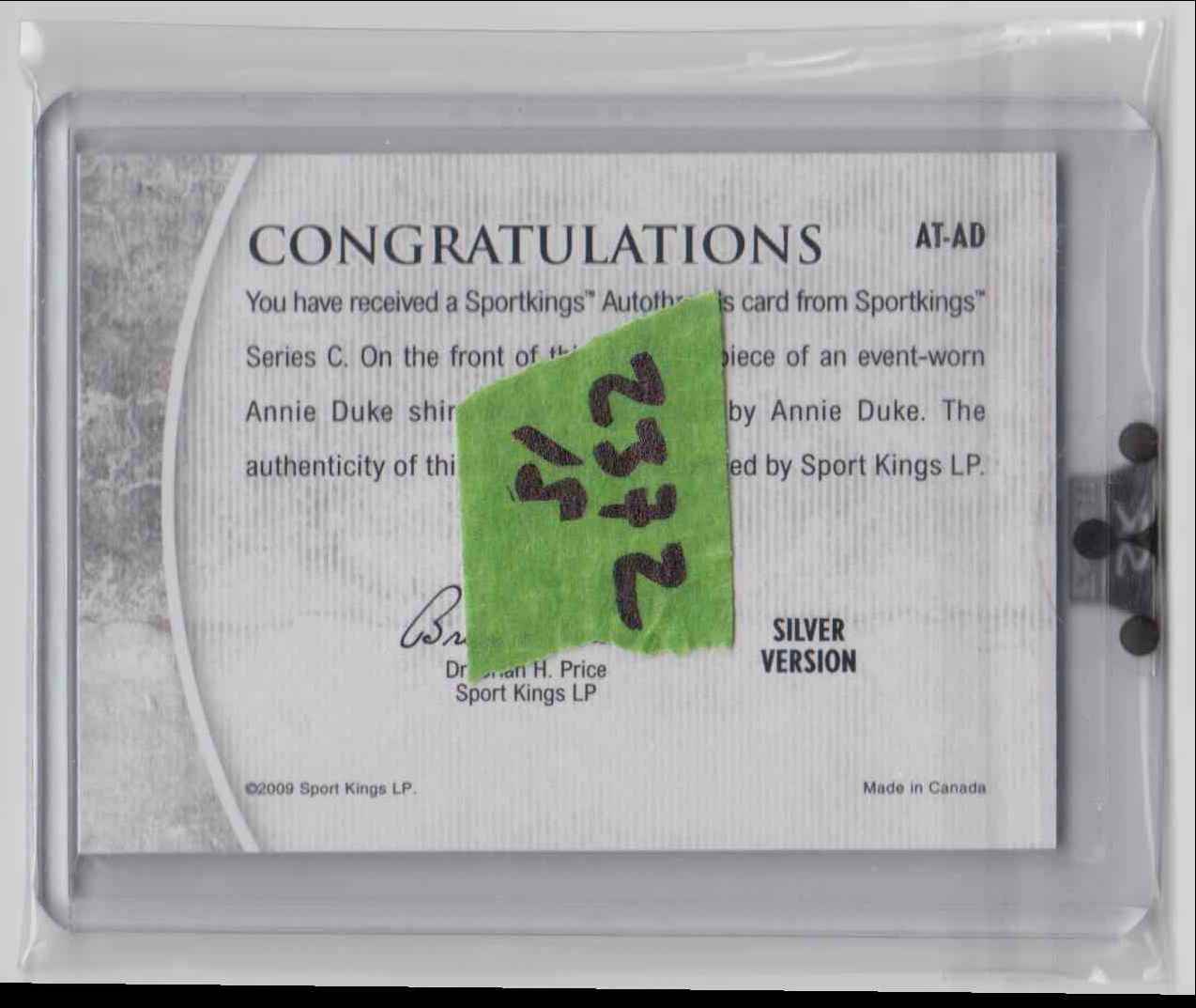 2009 Sportkings Series C Autothreads Silver Version /9 Annie Duke #AT-AD card back image