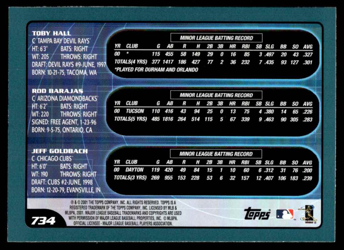 2001 Topps Toby Hall/Rod Barajas/Jeff Goldbach #734 card back image