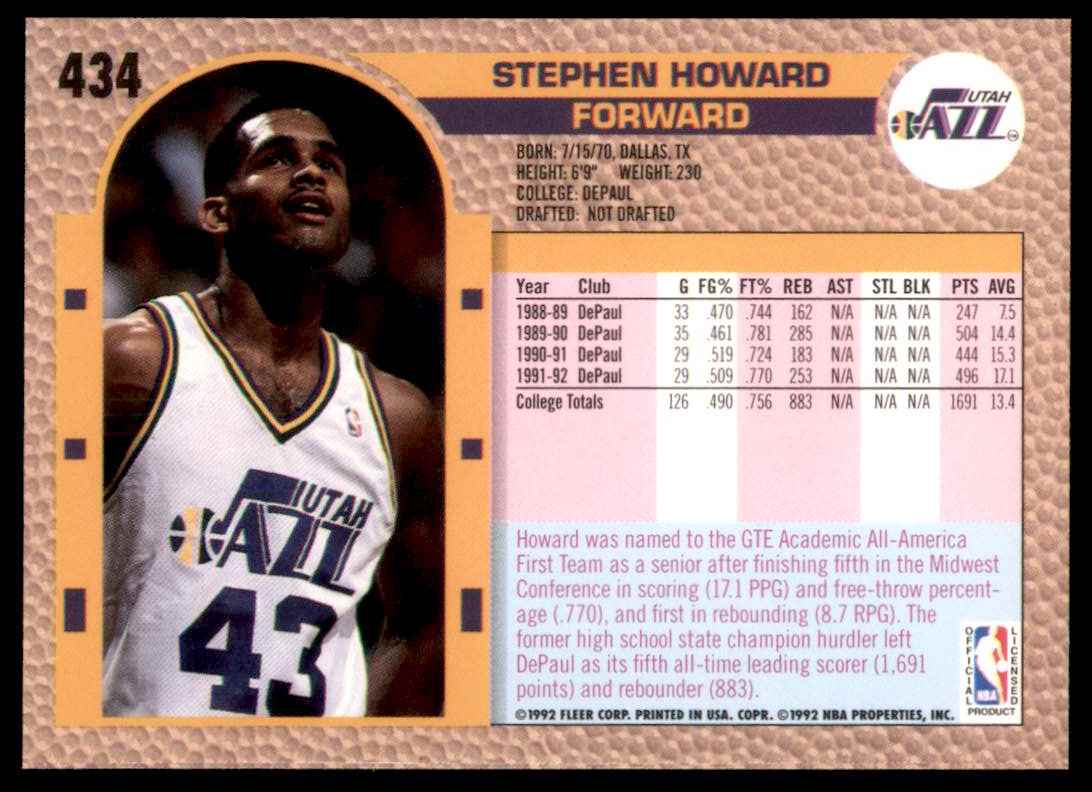 1992-93 Fleer Stephen Howard RC #434 card back image