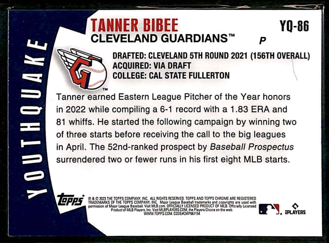 2023 Topps Chrome Update Youthquake Tanner Bibee #YQ-86 card back image