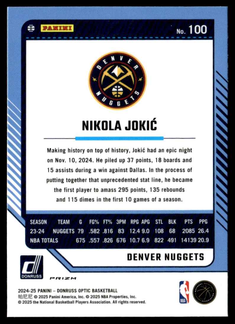 2024-25 Donruss Optic Purple Border Nikola Jokic #100 card back image