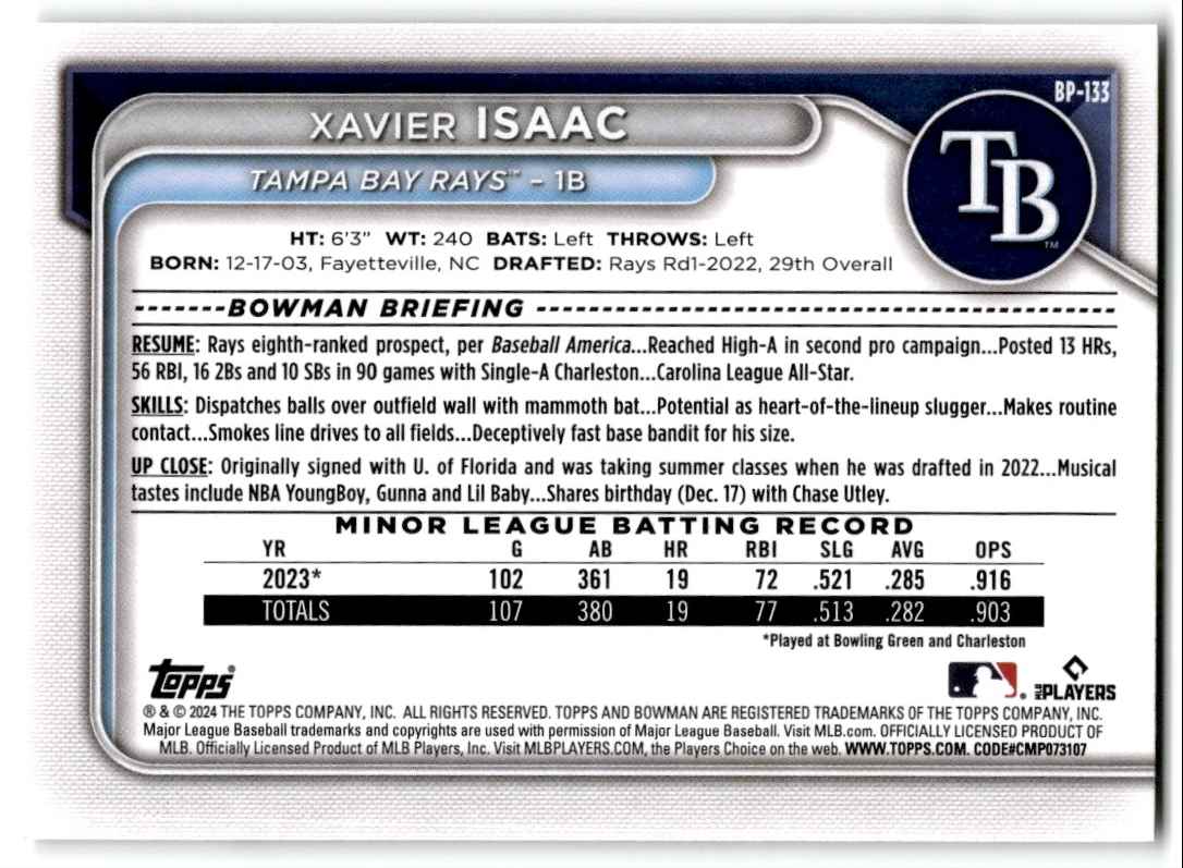 2024 Bowman Prospects Xavier Isaac #BP-133 card back image