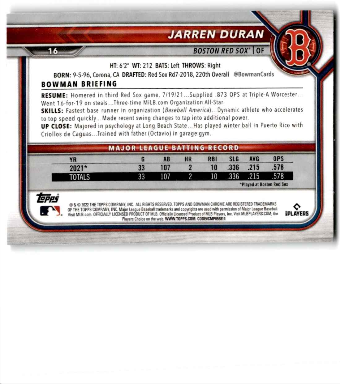 2022 Bowman Chrome Jarren Duran #16 card back image