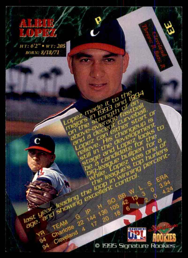 1995 Signature Rookies Albie Lopez #33 card back image