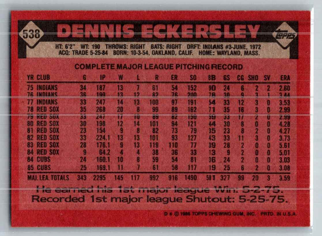 1986 Topps Dennis Eckersley #538 card back image