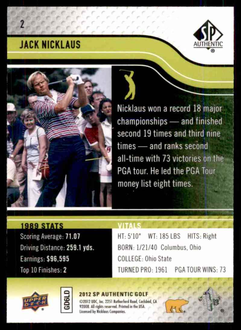 2012 SP Authentic Jack Nicklaus #2 card back image