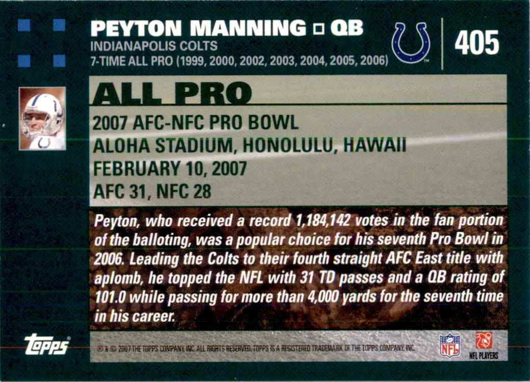 2007 Topps All Pro PEYTON MANNING #405 card back image