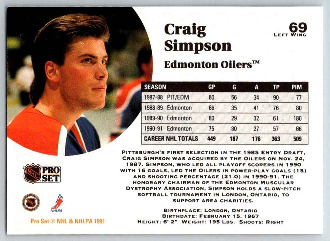 1991-92 Pro Set Craig Simpson #69 card back image