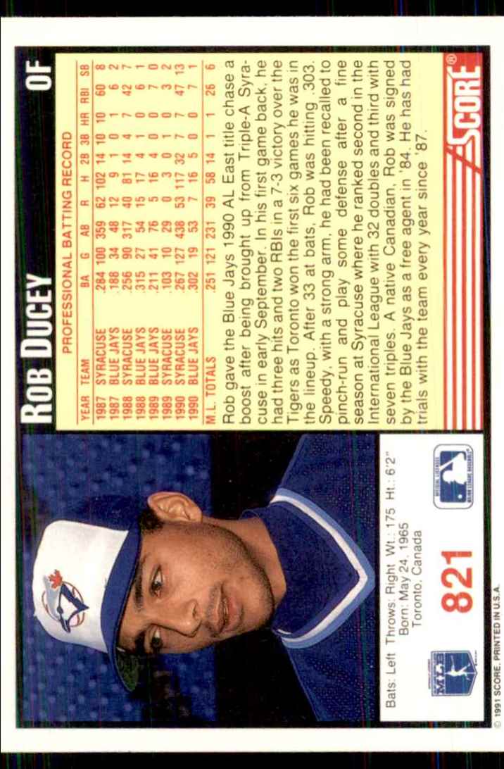1991 Score Rob Ducey #821 card back image