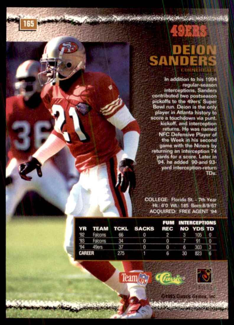 1995 Pro Line Deion Sanders #165 card back image