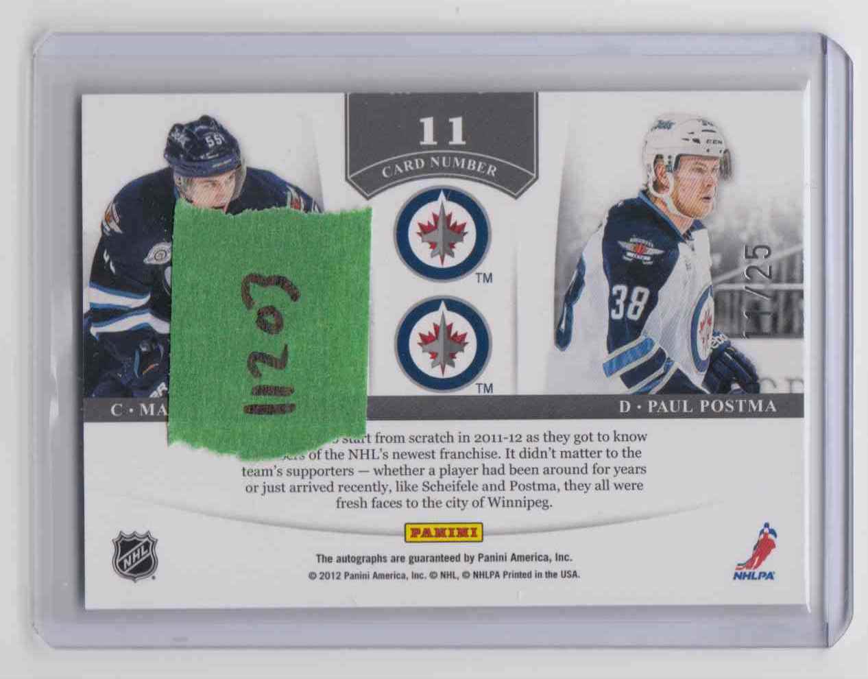 2011-12 Panini Contenders NHL Ink Dual Gold /25 Mark Scheifele / Paul Postma #11 card back image