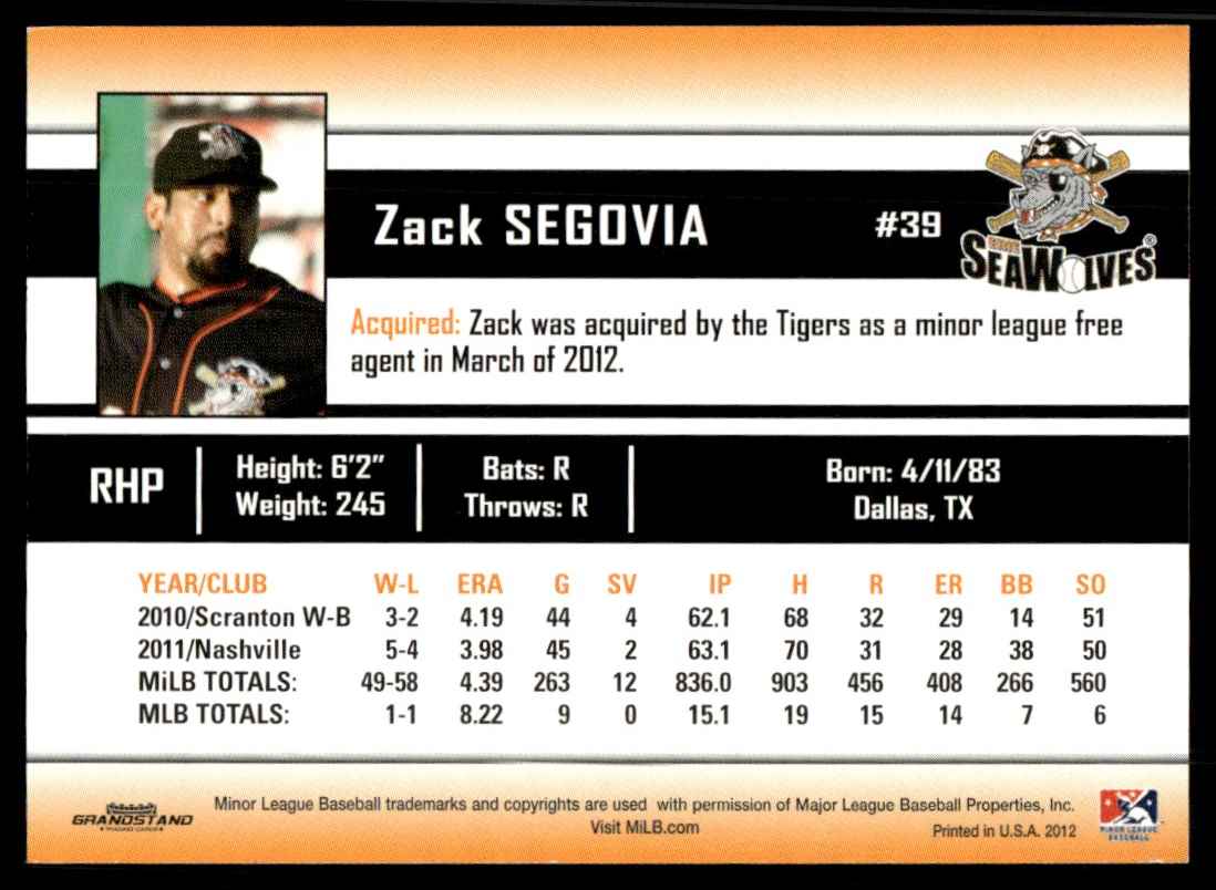 2012 MiLB Zack Segovia card back image