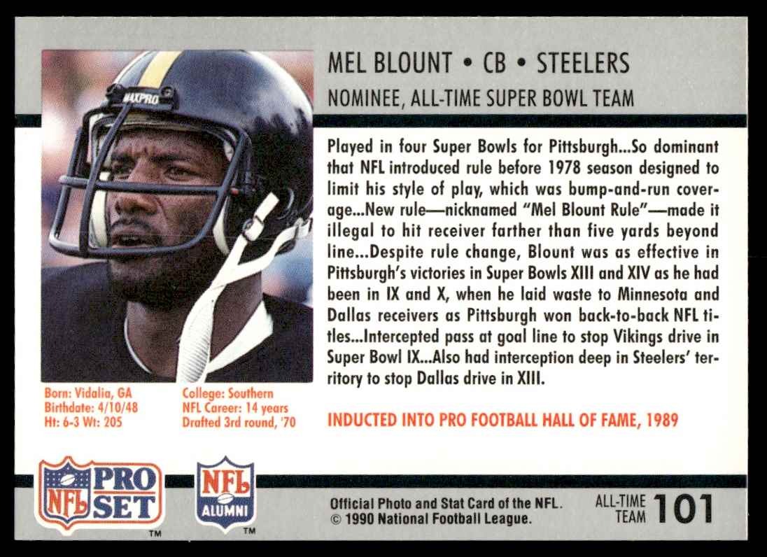 1990 Pro Set Super Bowl 160 Mel Blount #101 card back image
