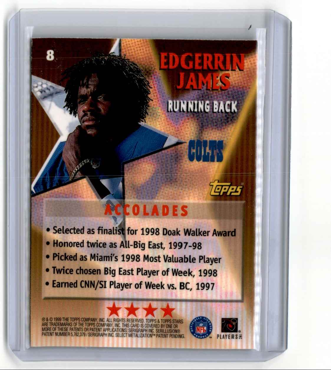 1999 Topps Stars 4 Star Card Edgerrin James #8 card back image
