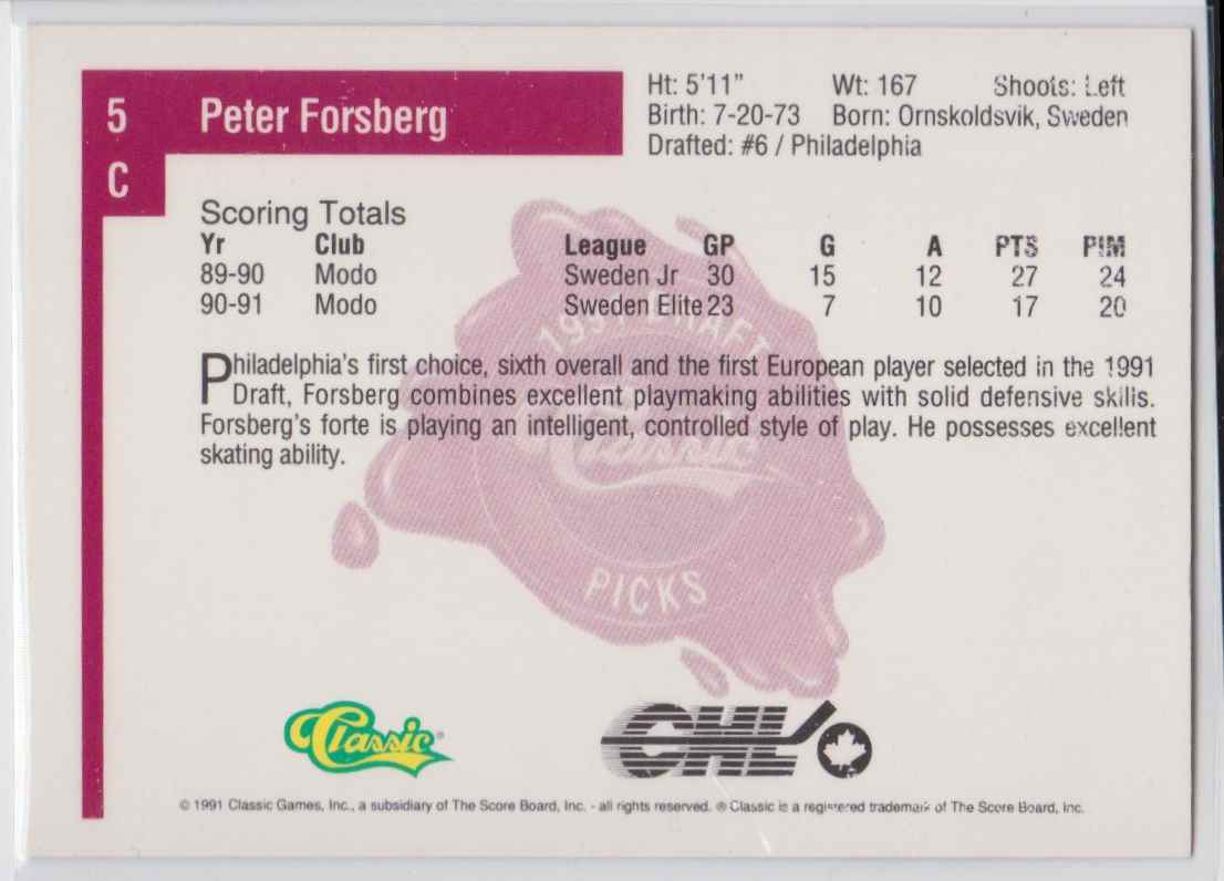 1991-92 Classic Draft Picks Peter Forsberg #5 card back image