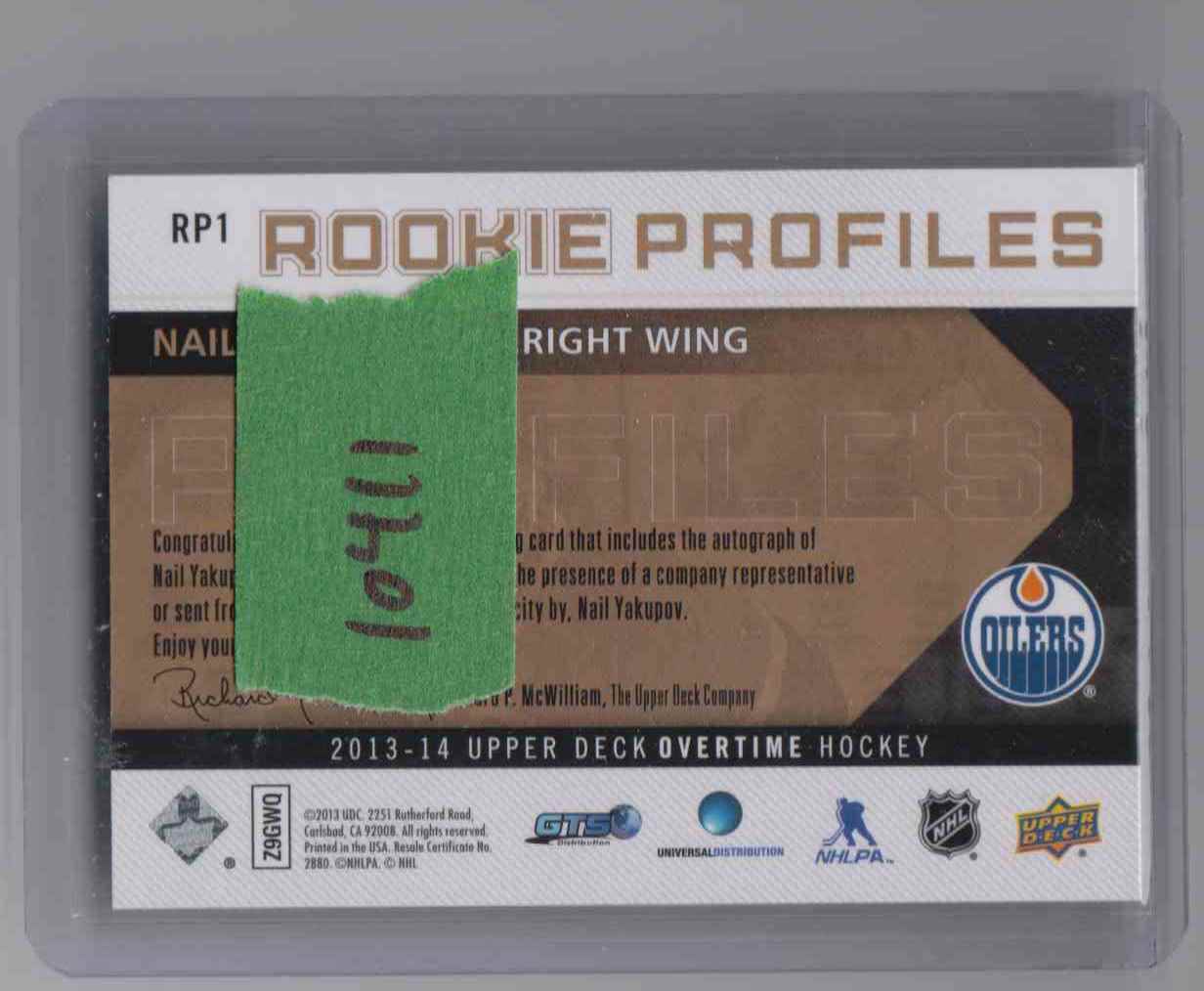 2013-14 Upper Deck Overtime Rookie Profiles Auto Gold /10 Nail Yakupov #RP1 card back image