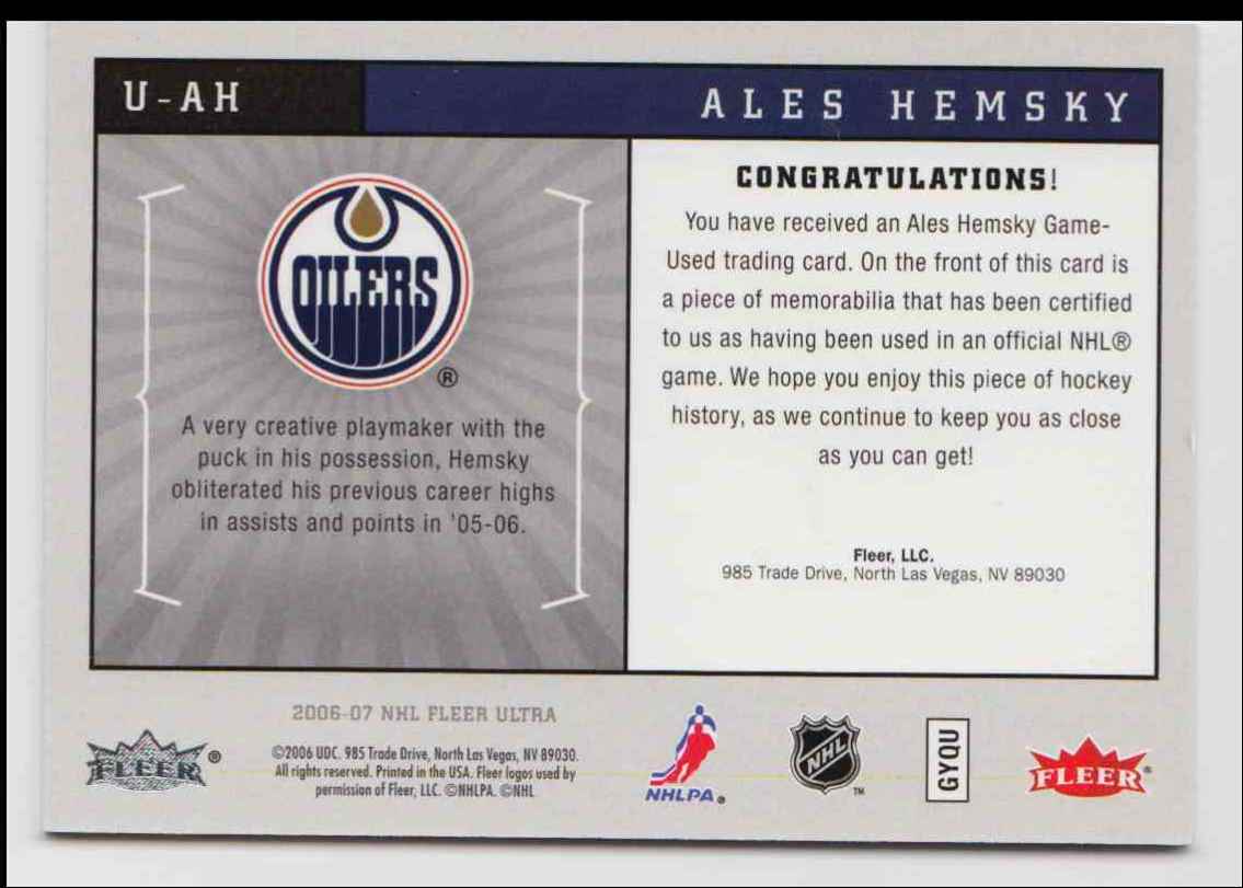 2006-07 Ultra Uniformity Jersey Alex Hemsky #U-AH card back image