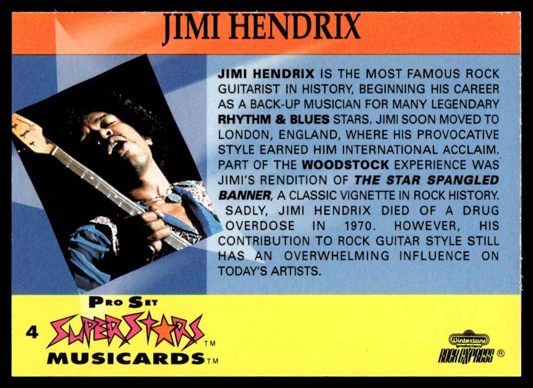 1991 Pro Set Super Stars Jimi Hendrix #4 card back image