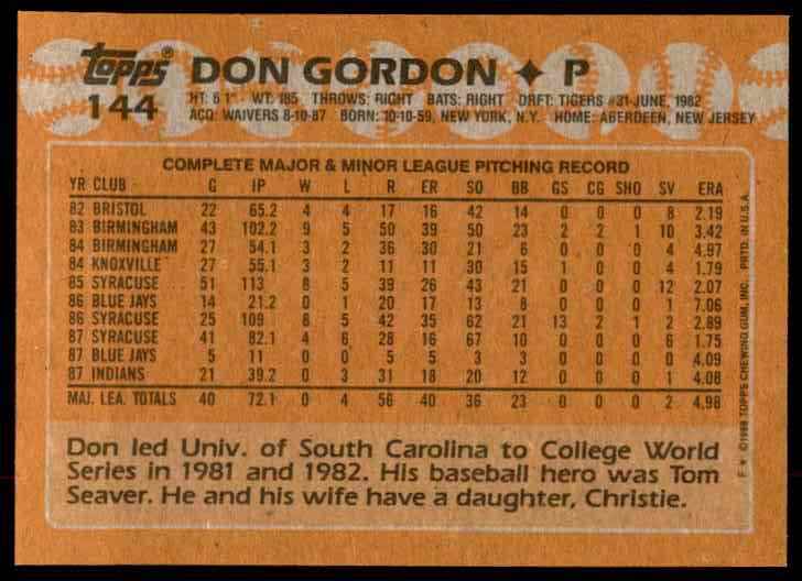 1988 Topps Don Gordon #144 card back image