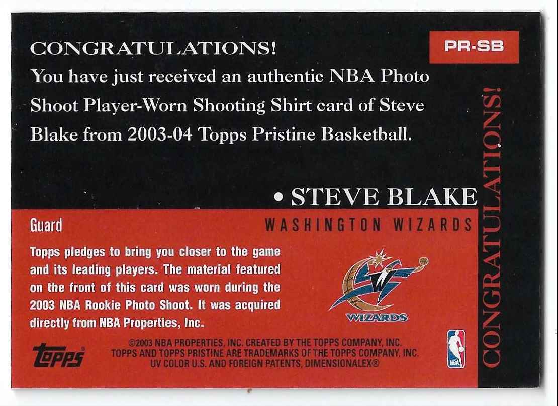 2003-04 Topps Pristine Recruit Relics Steve Blake #PR-SB card back image