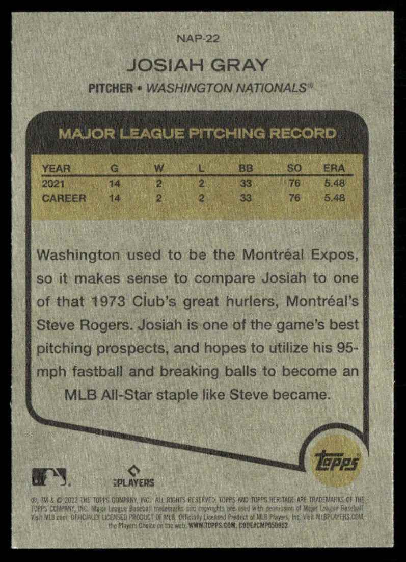2022 Topps Heritage New Age Performers Josiah Gray #NAP-22 card back image