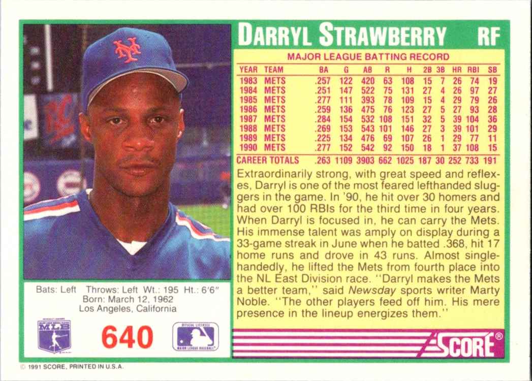 1991 Score Darryl Strawberry #640 card back image
