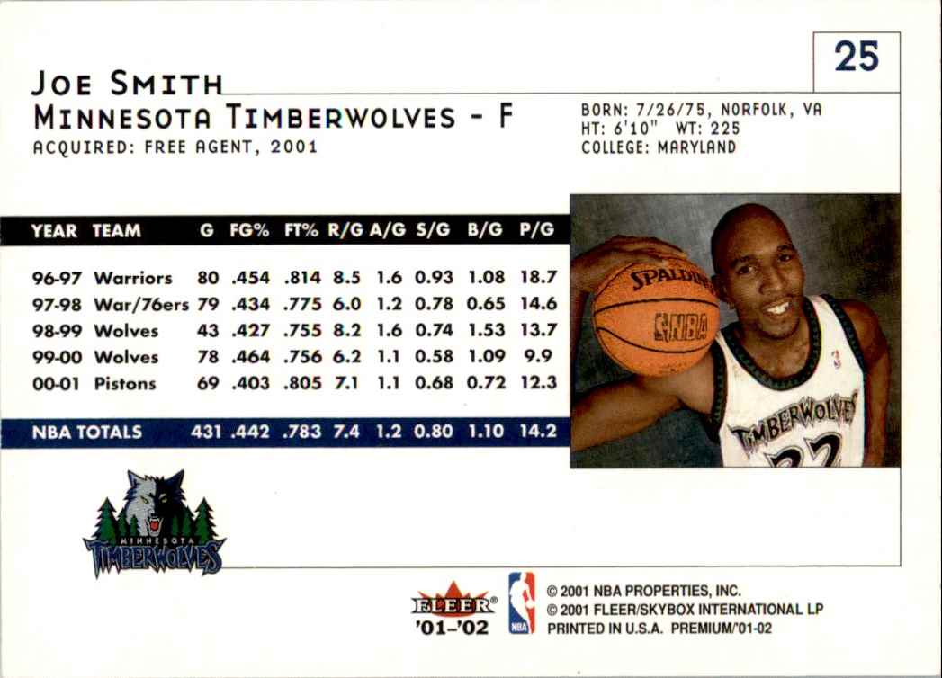 2001-02 Basketball Fleer Premium Joe Smith #25 card back image