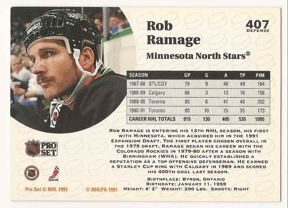 1991-92 Pro Set Rob Ramage #407 card back image