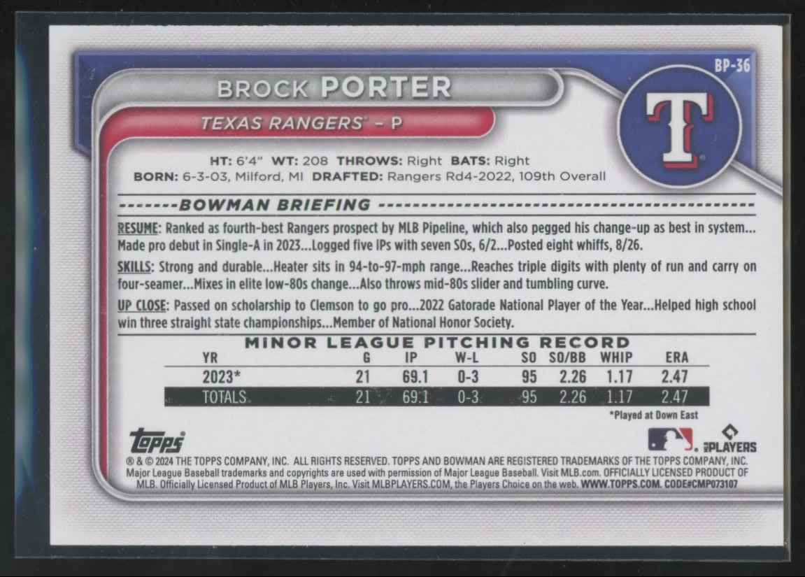 2024 Bowman Prospects Brock Porter #BP-36 card back image