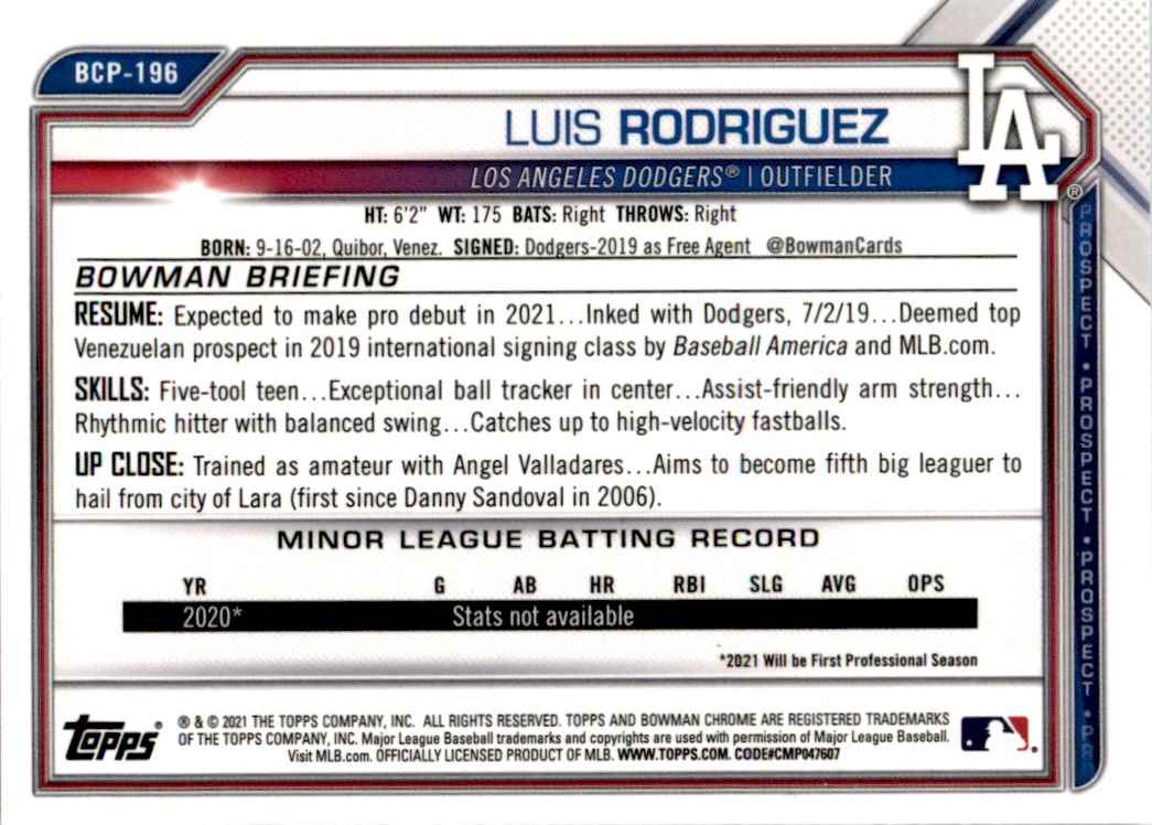 2021 Bowman Chrome Prospects Luis Rodriguez #BCP-196 card back image