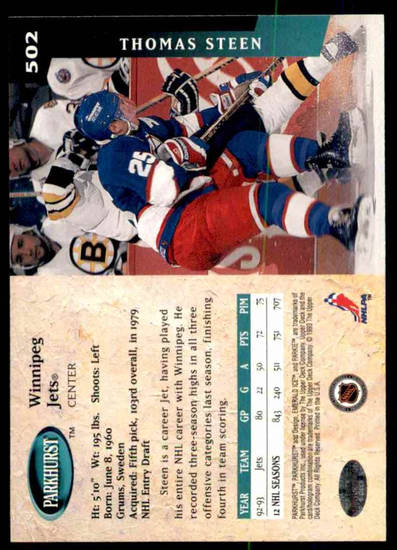 1993-94 Parkhurst Thomas Steen #502 card back image