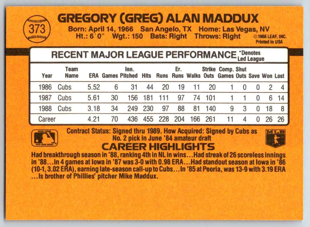 1989 Donruss Greg Maddux #373 card back image